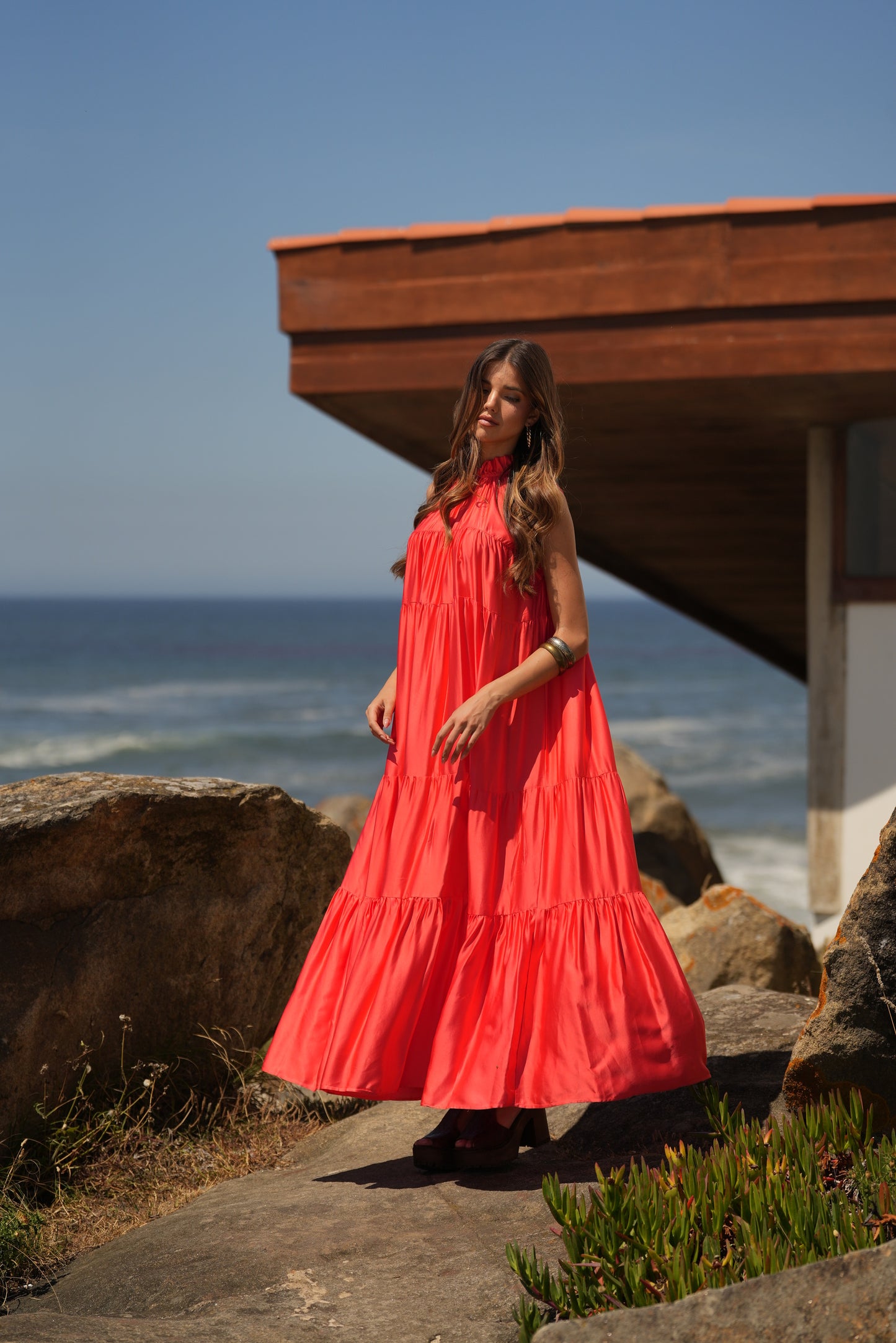 Vestido largo de seda rosa