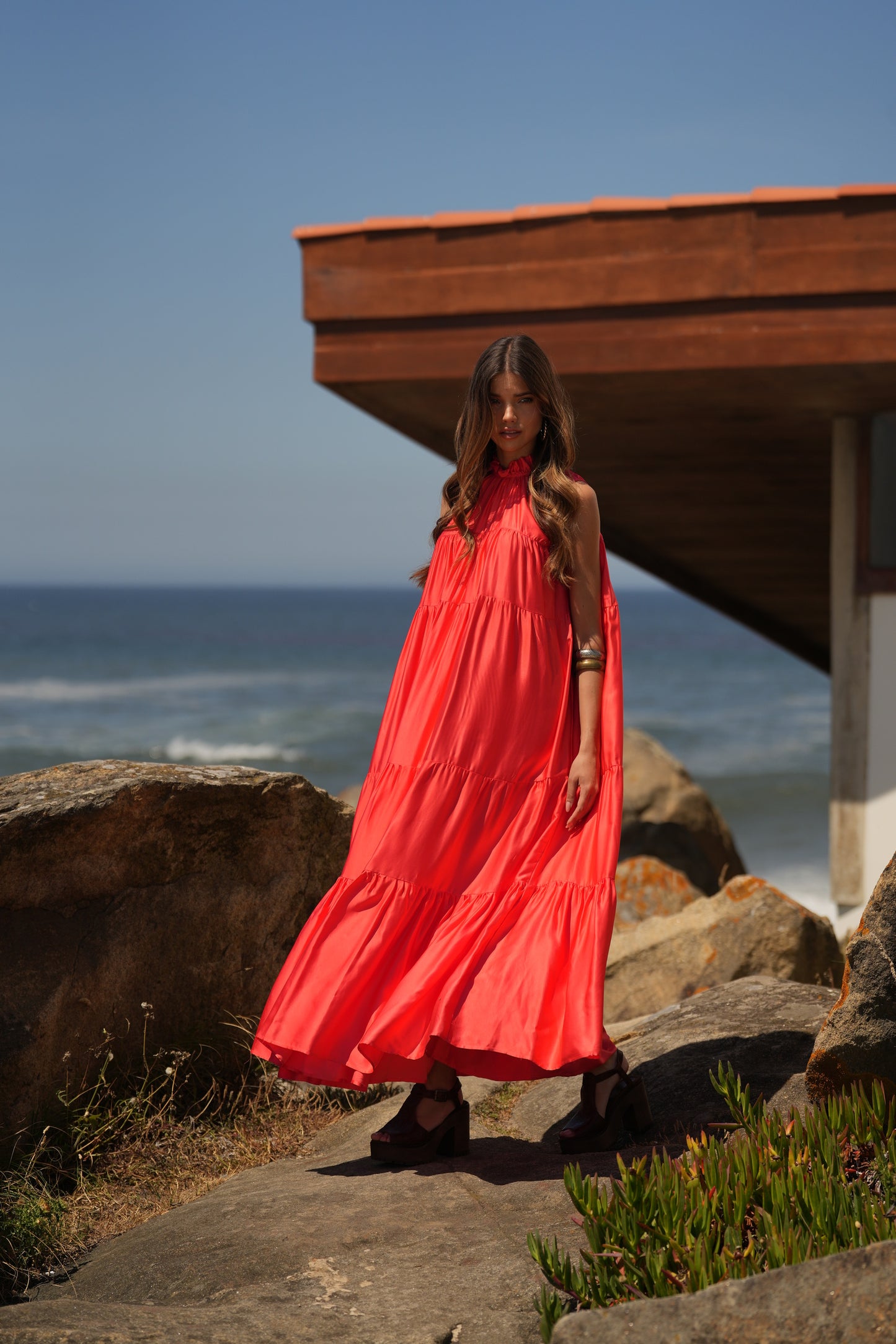 Vestido largo de seda rosa