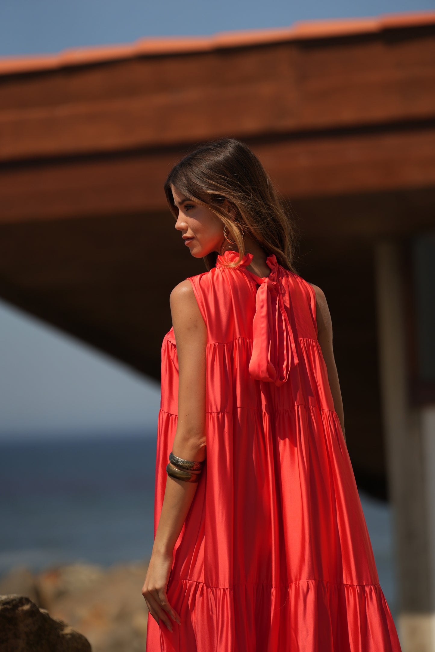 Vestido largo de seda rosa
