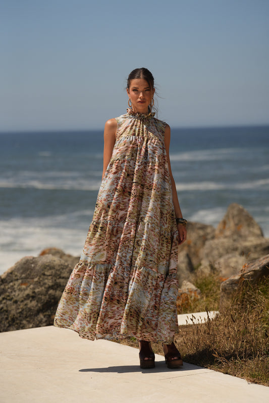 Vestido largo de seda estampada