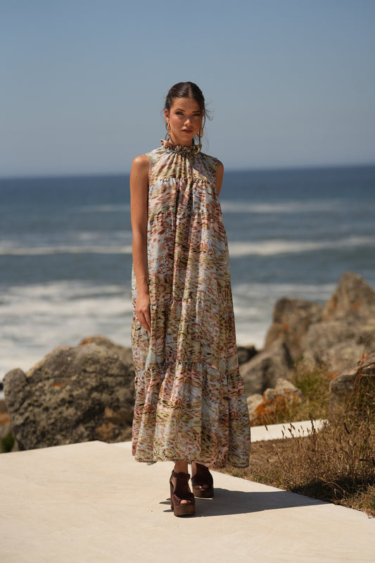Vestido largo de seda estampada