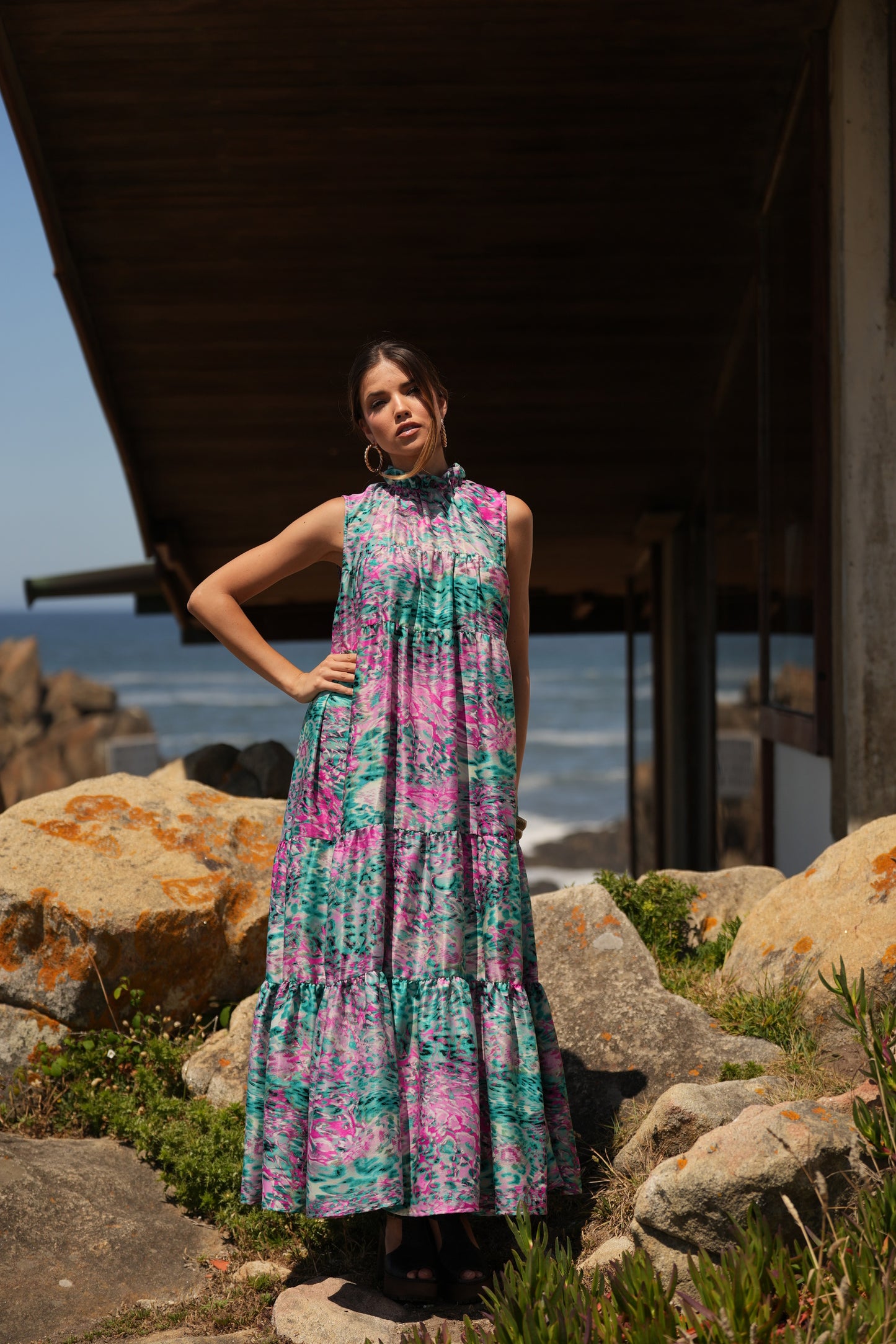 Vestido largo de seda estampada