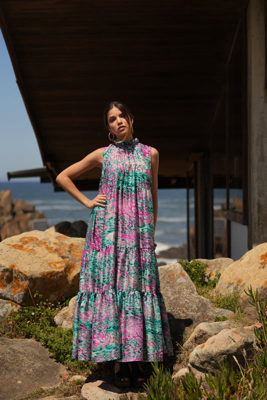 Vestido largo de seda estampada