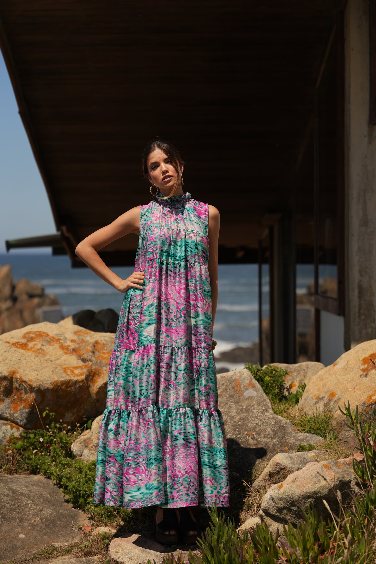 Vestido largo de seda estampada