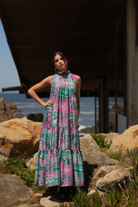 Vestido largo de seda estampada