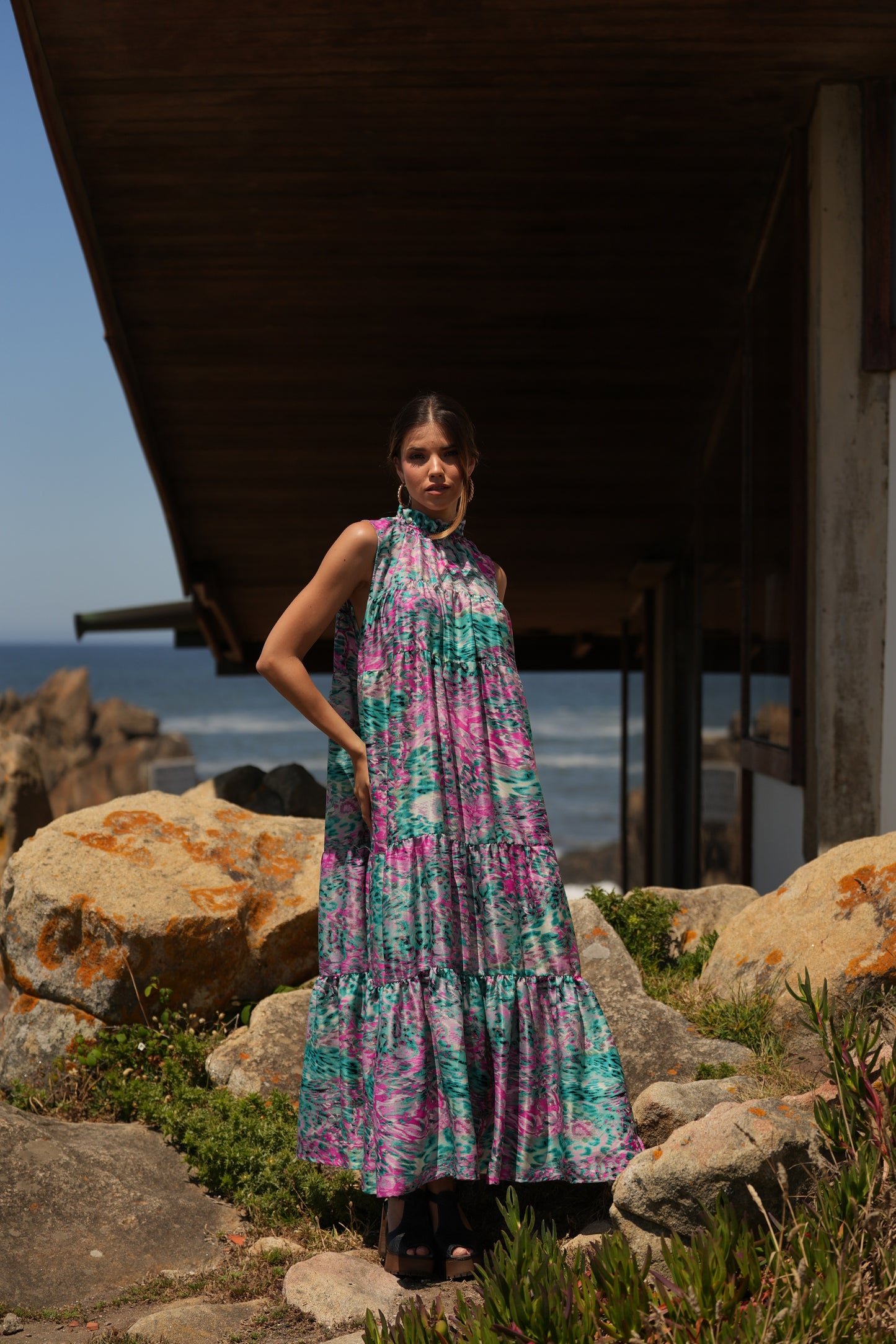 Vestido largo de seda estampada