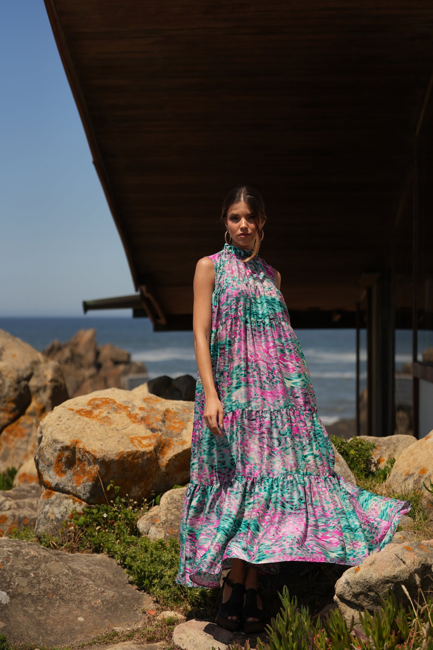 Vestido largo de seda estampada