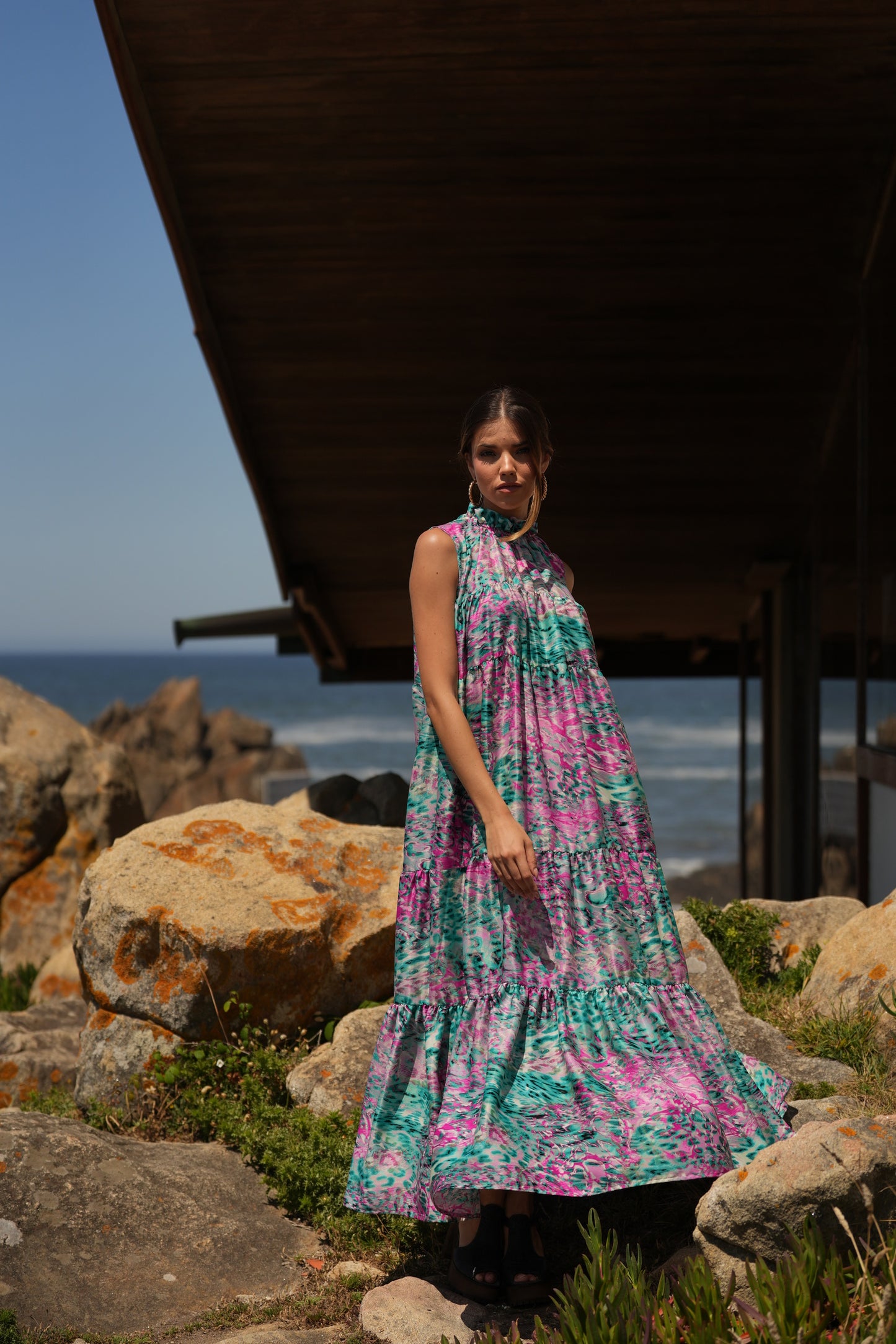 Vestido largo de seda estampada