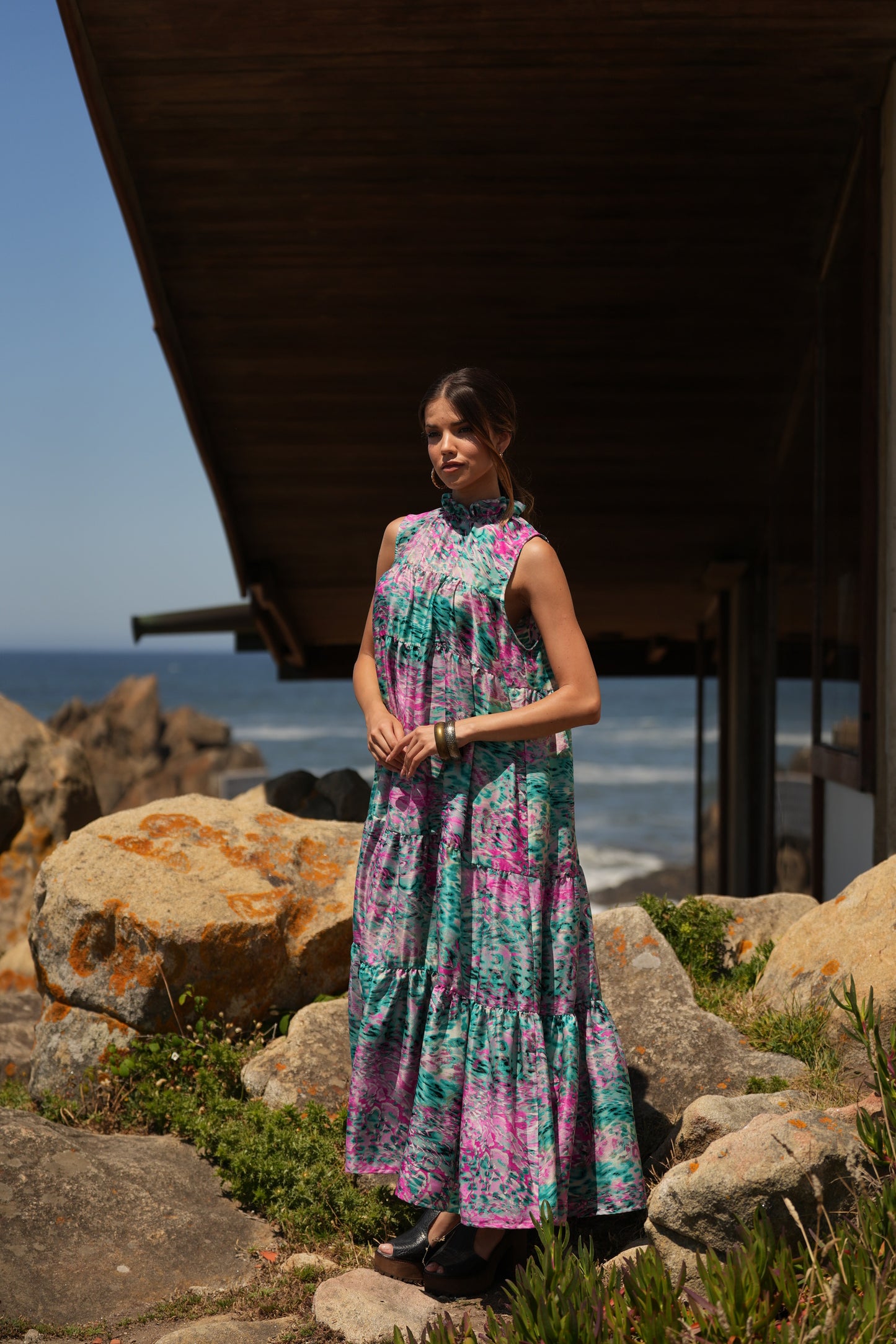 Vestido largo de seda estampada