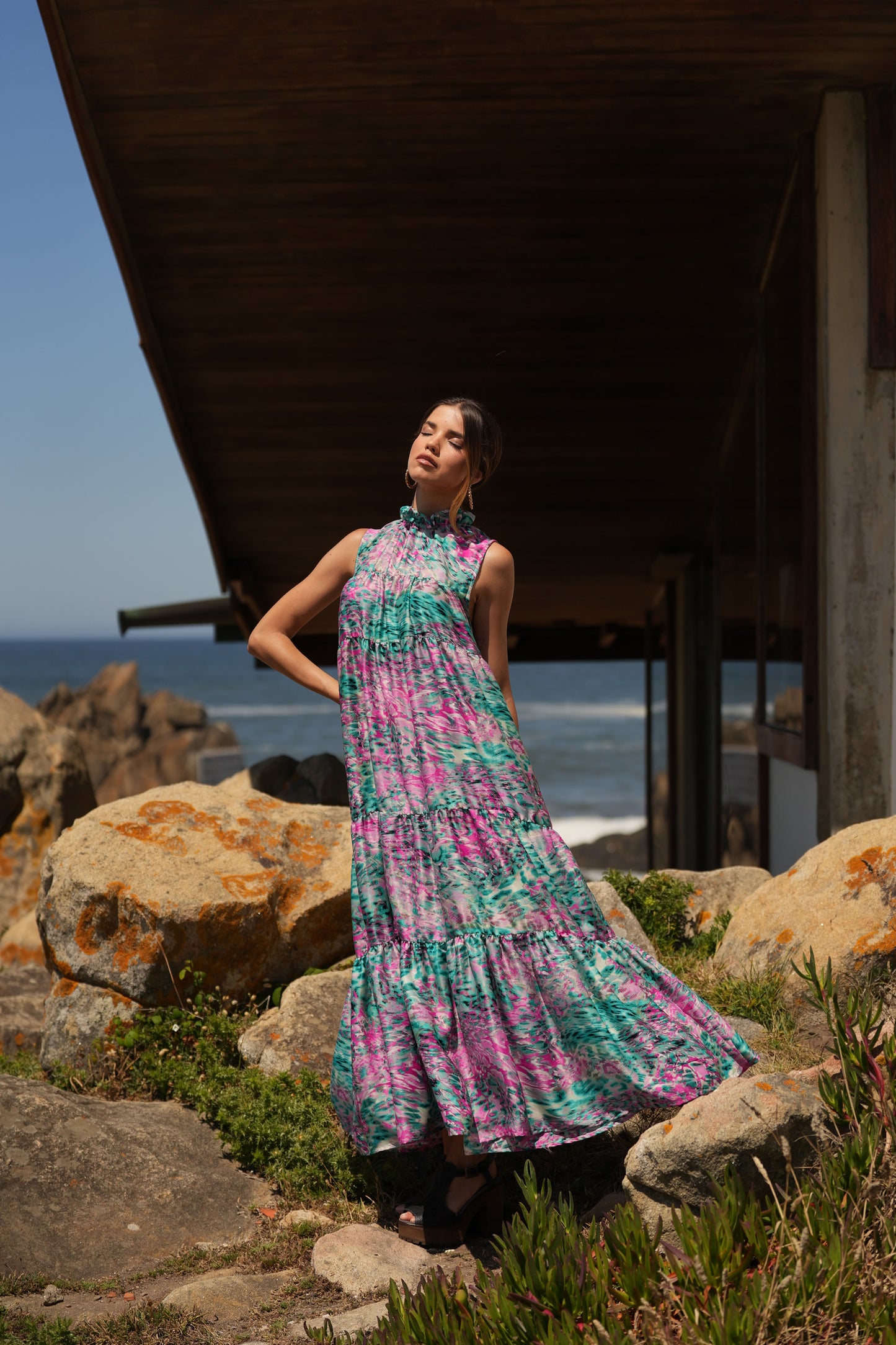 Vestido largo de seda estampada