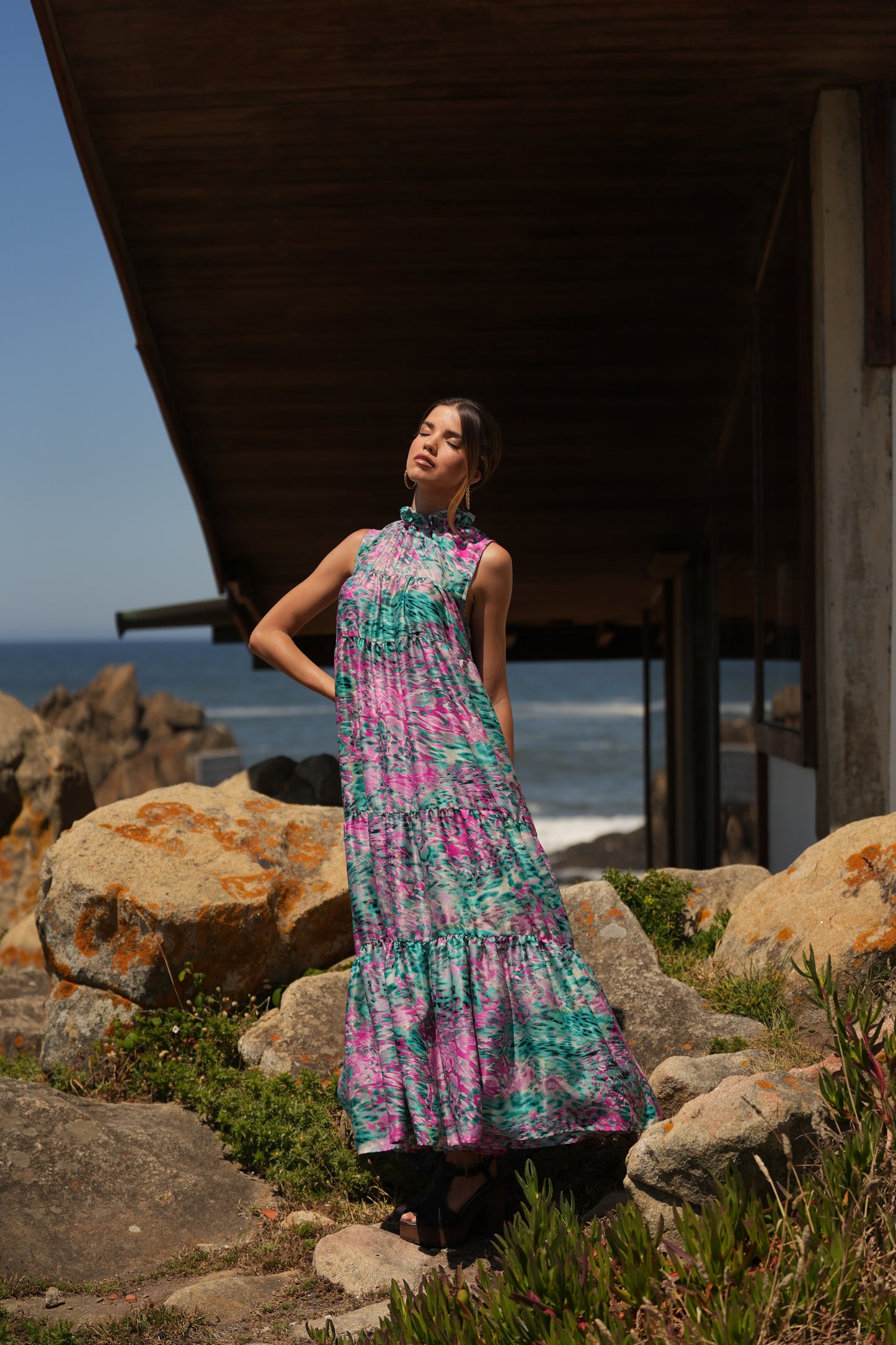 Vestido largo de seda estampada