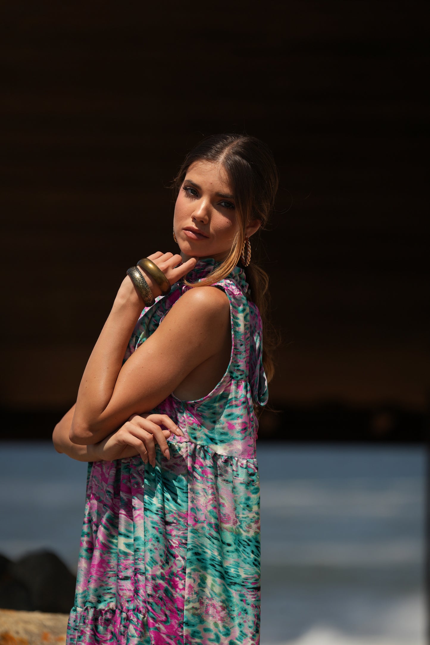 Vestido largo de seda estampada