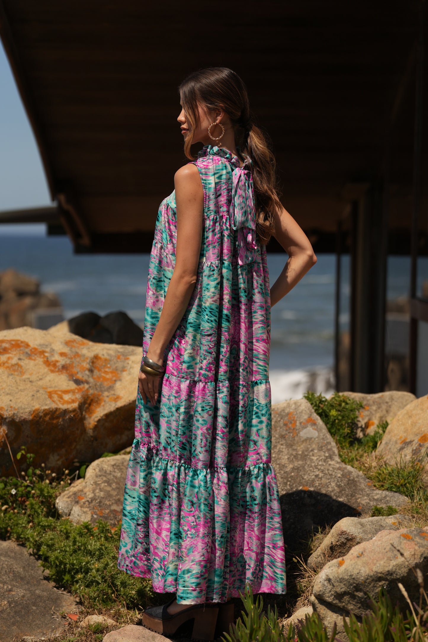 Vestido largo de seda estampada