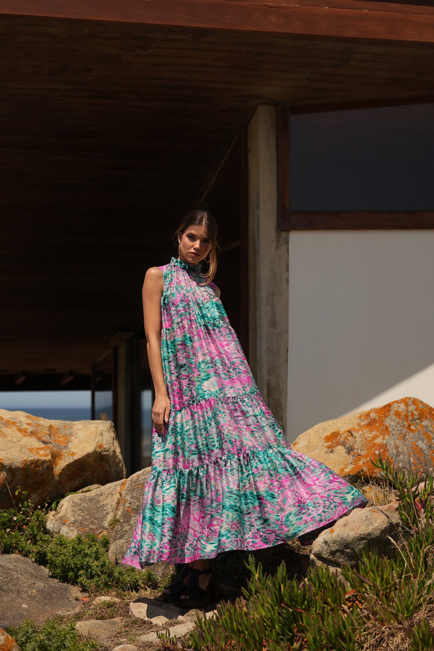 Vestido largo de seda estampada