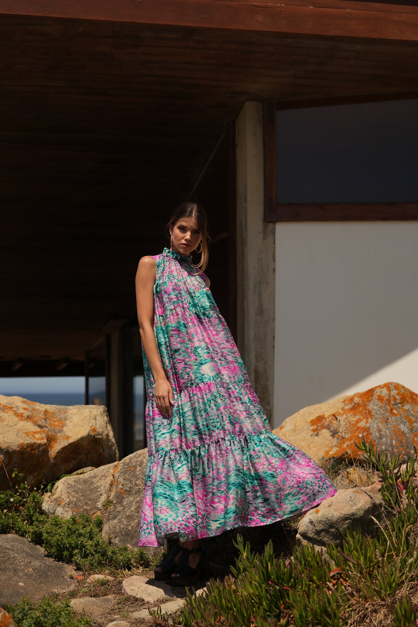 Vestido largo de seda estampada