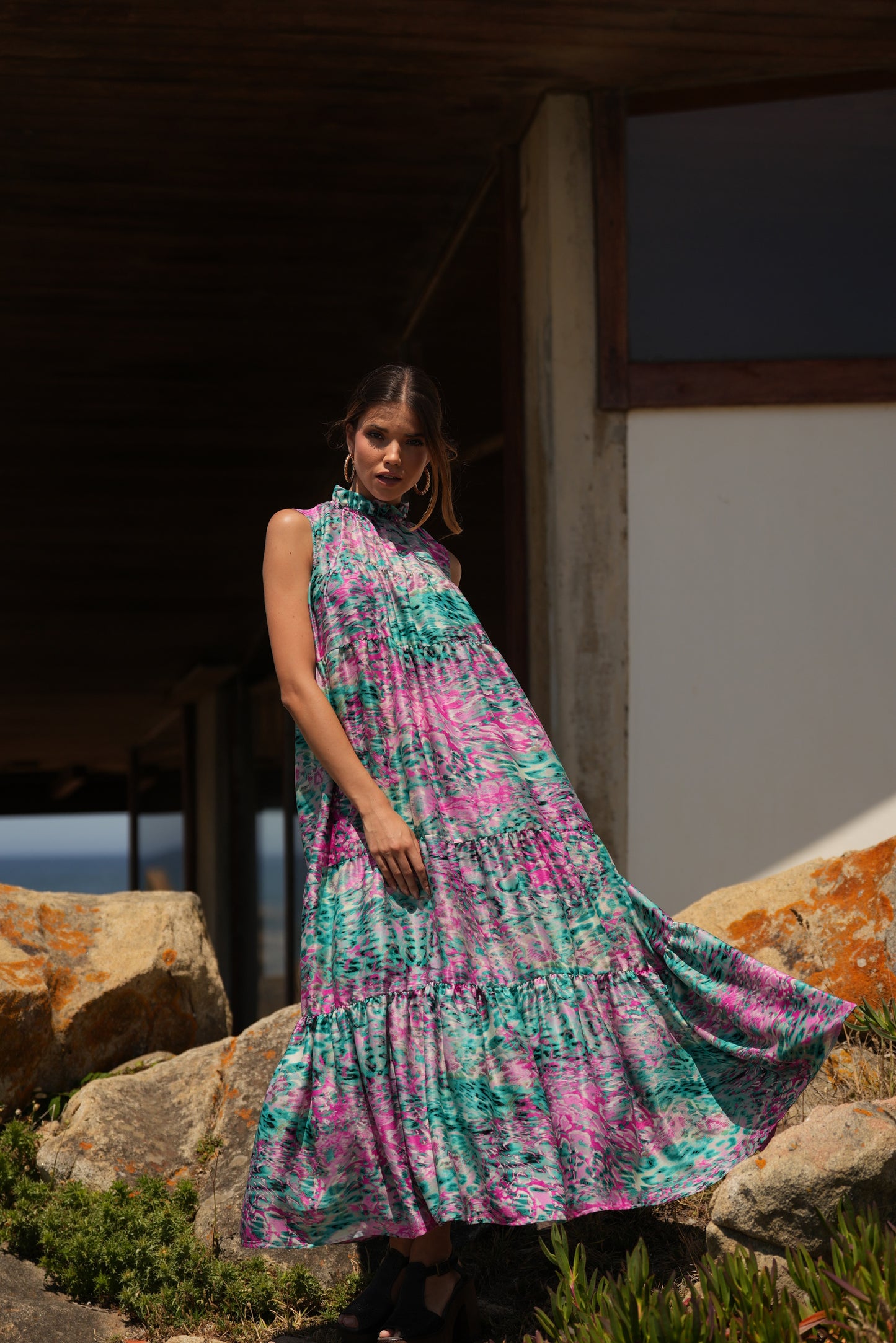 Vestido largo de seda estampada