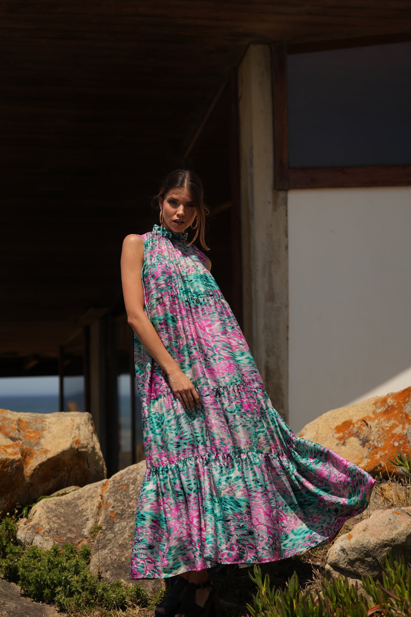 Vestido largo de seda estampada