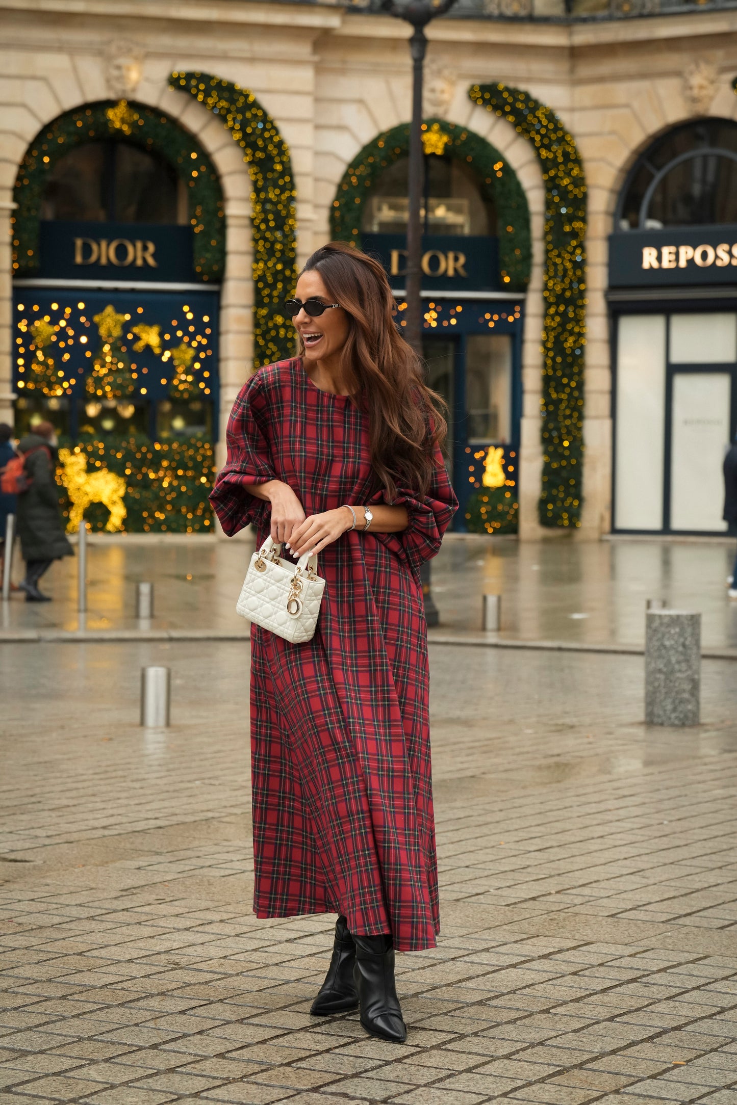 Vestido largo de cuadros rojos