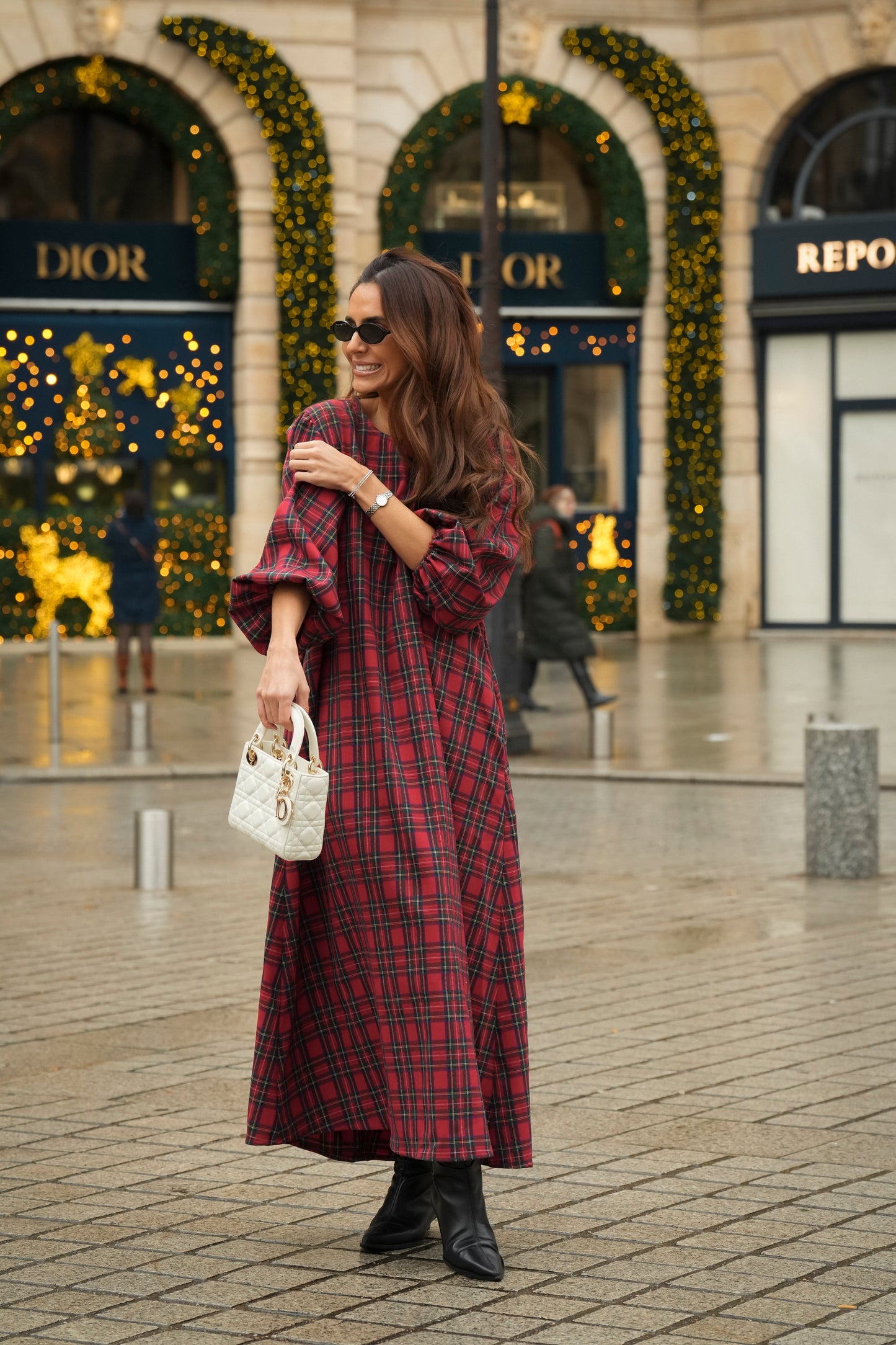 Vestido largo de cuadros rojos
