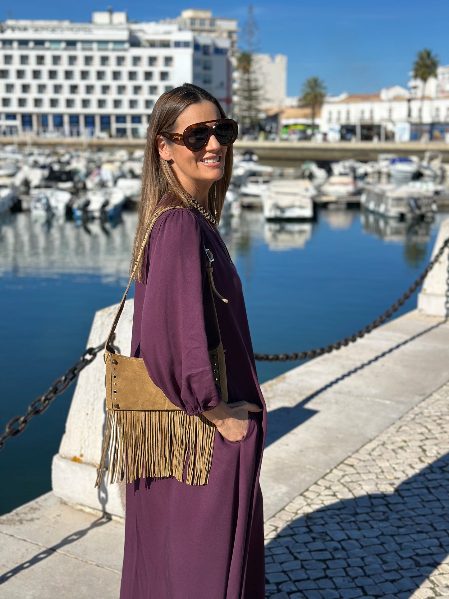 Vestido largo en viscosa burdeos