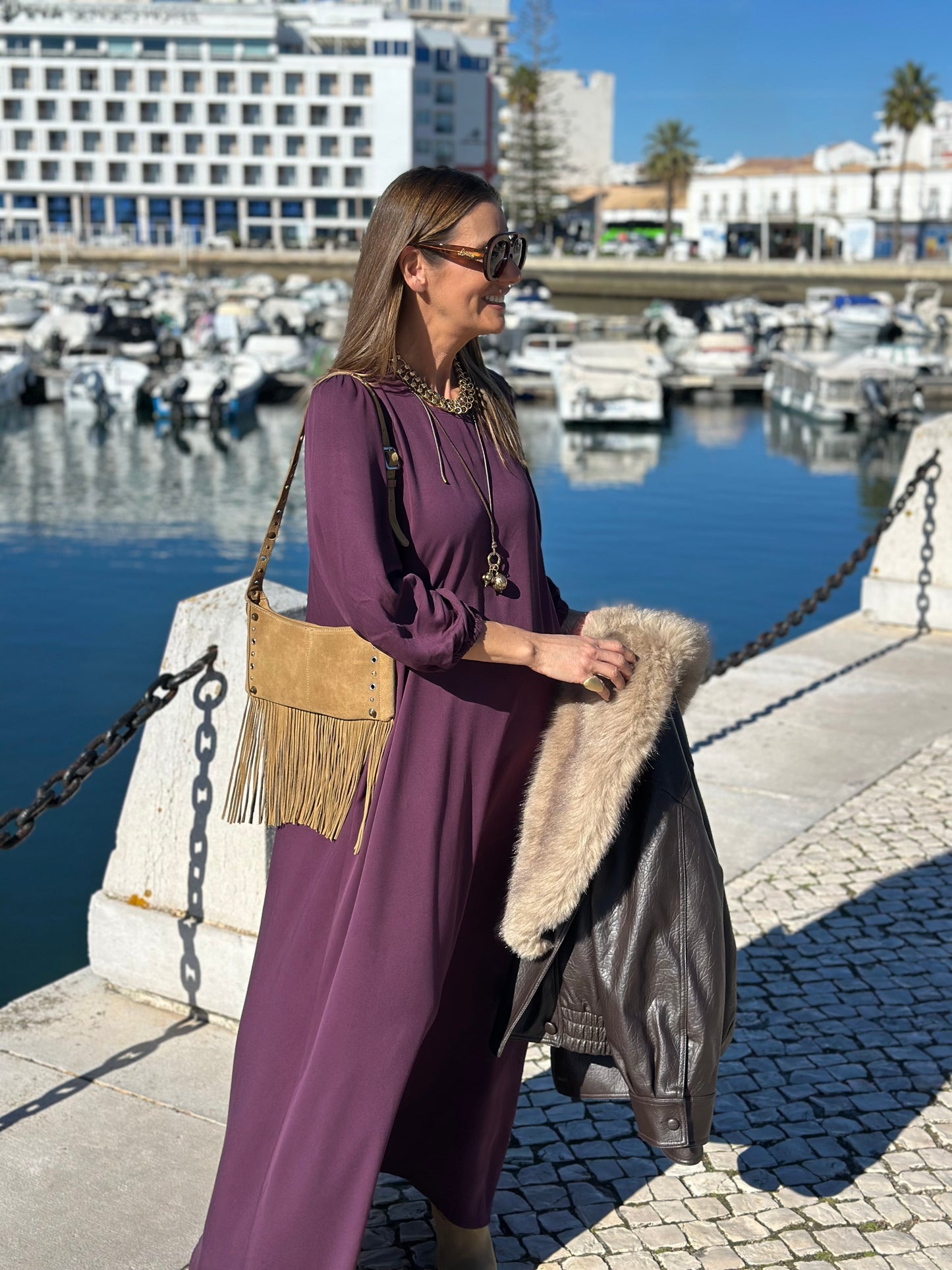 Vestido largo en viscosa burdeos