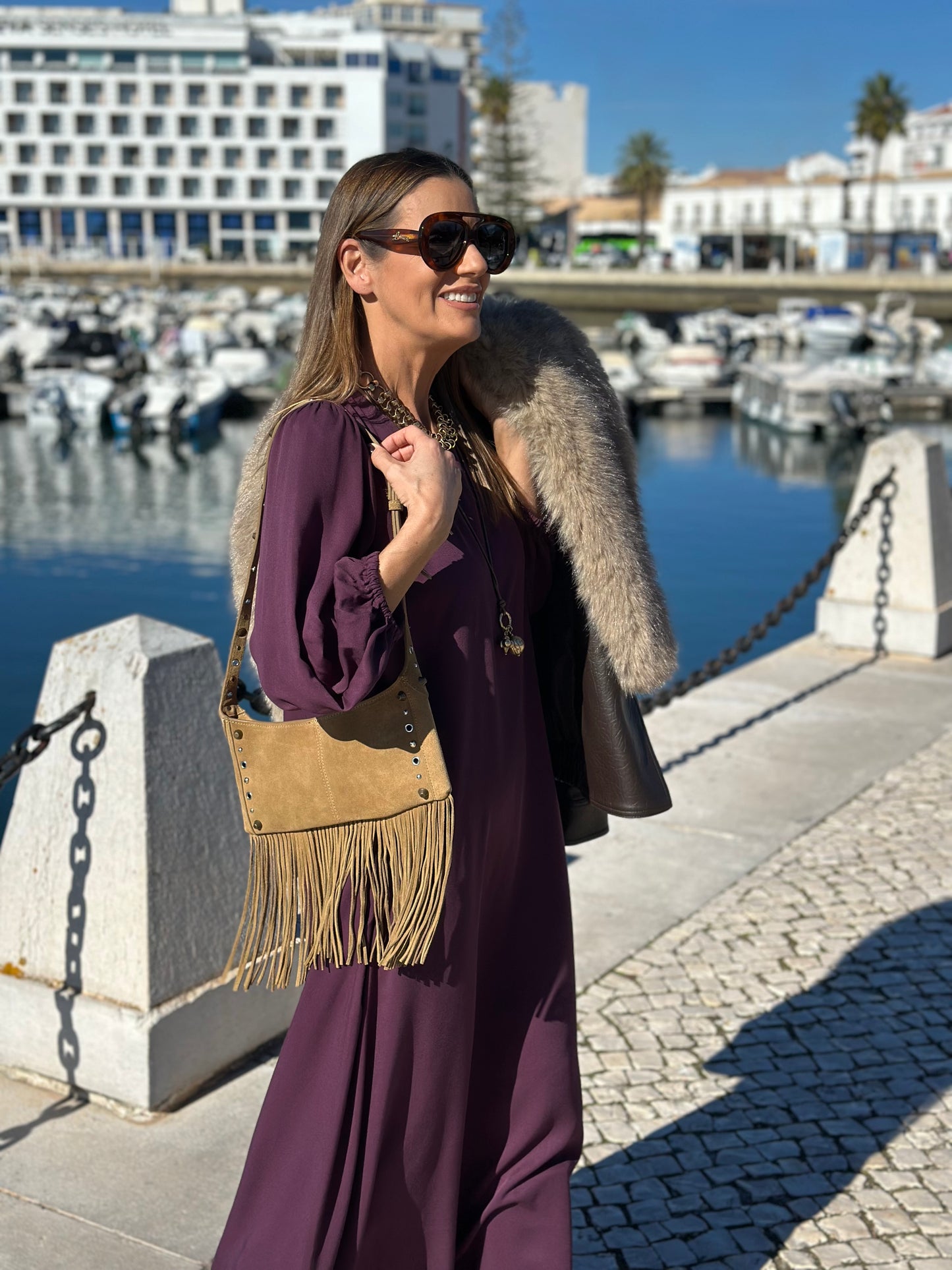 Vestido largo en viscosa burdeos