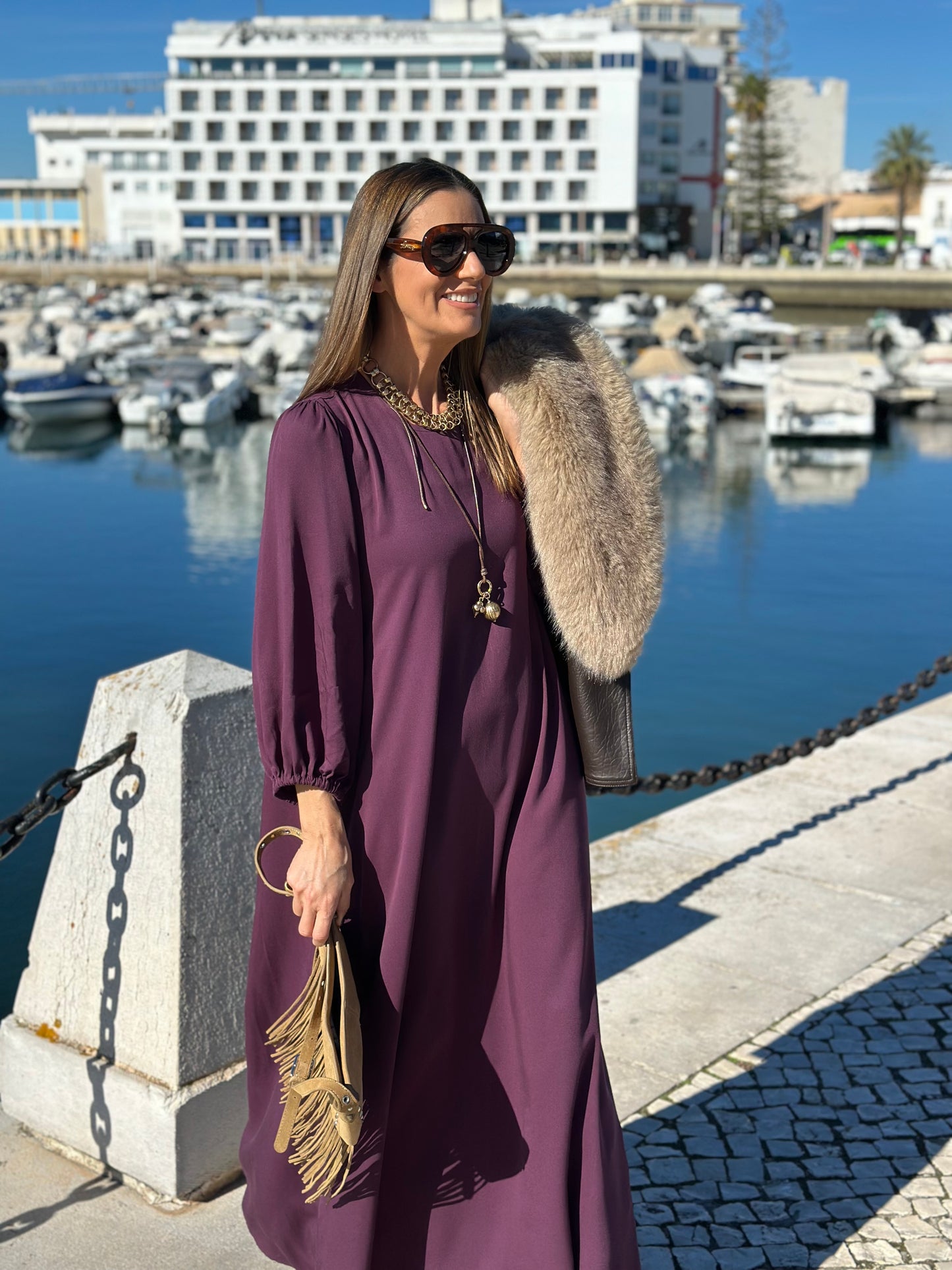 Vestido largo en viscosa burdeos