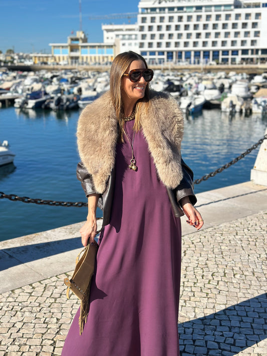 Vestido largo en viscosa burdeos