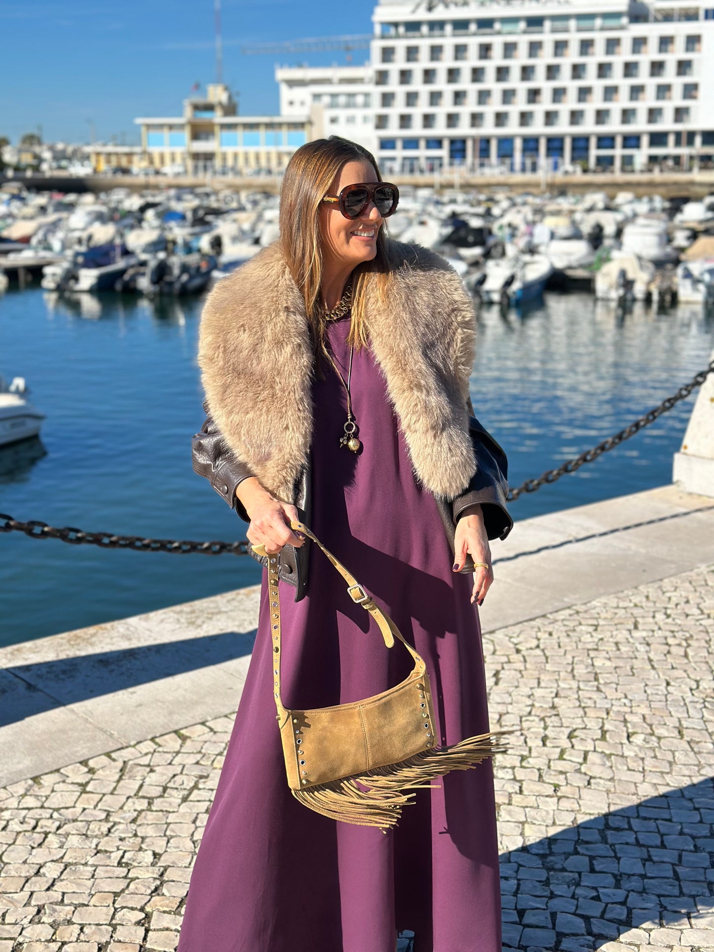 Vestido largo en viscosa burdeos