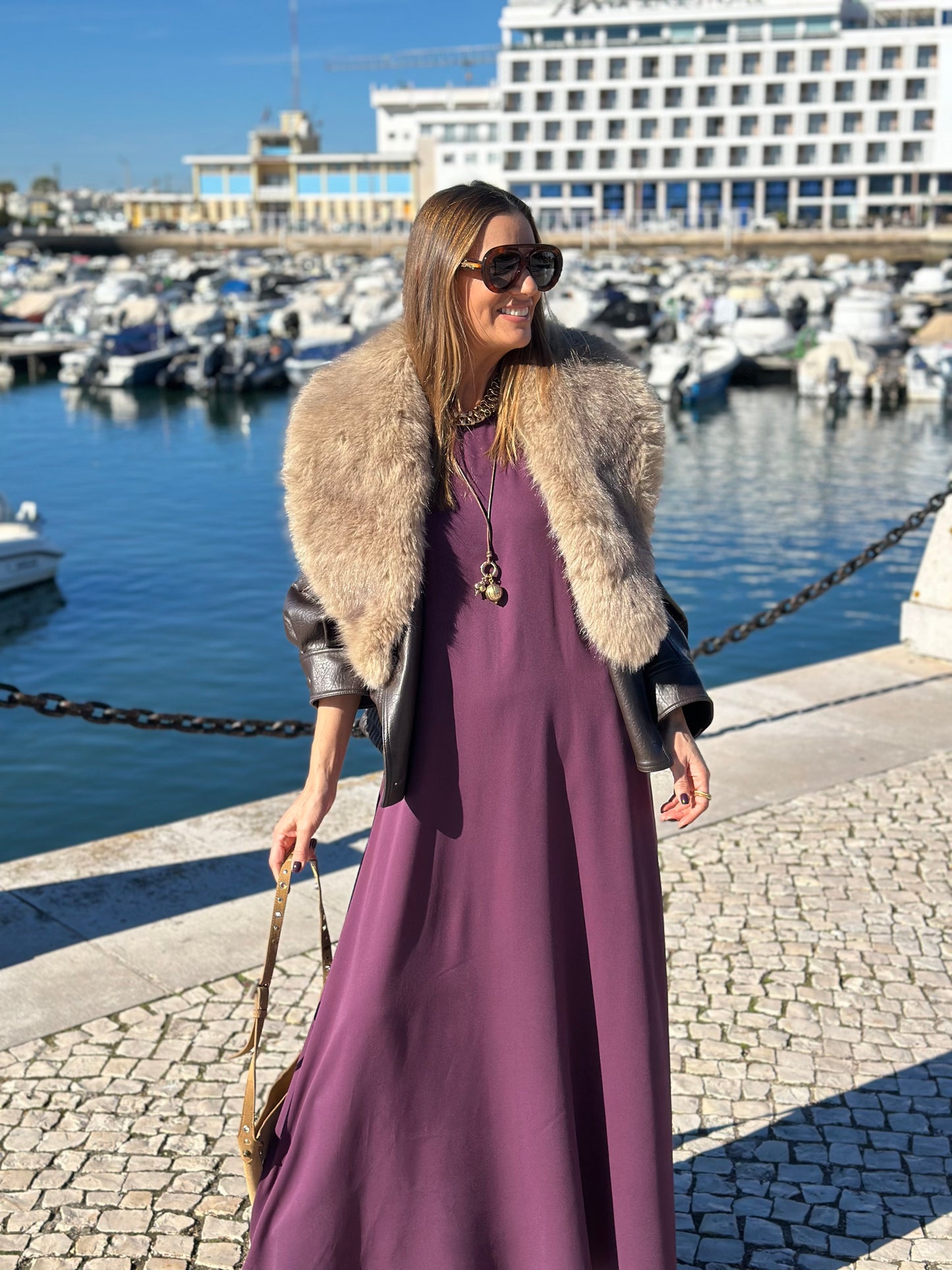 Vestido largo en viscosa burdeos