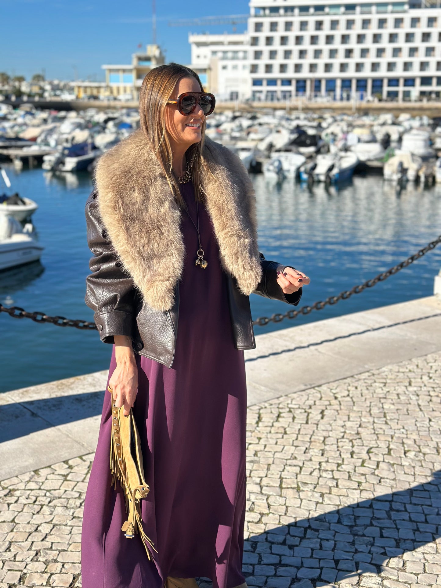 Vestido largo en viscosa burdeos