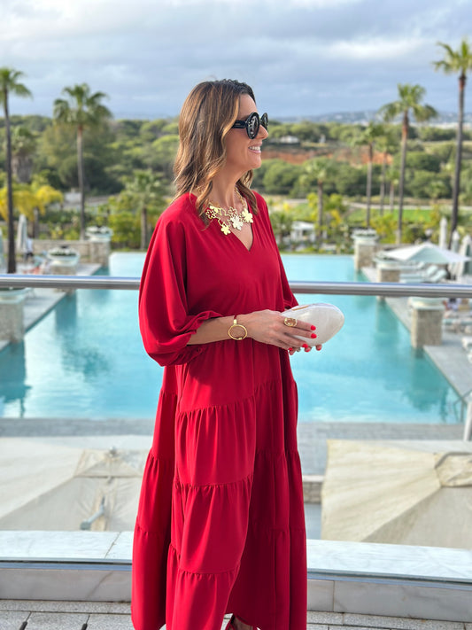 Vestido largo rojo con volantes